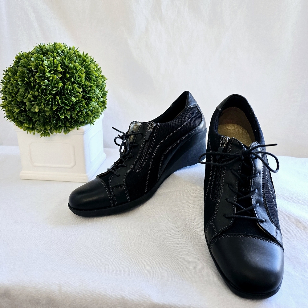 Akaishi Haori Comfort Leather Oxford Side Zip Lace Up Wedge Black Size 9 Shoe